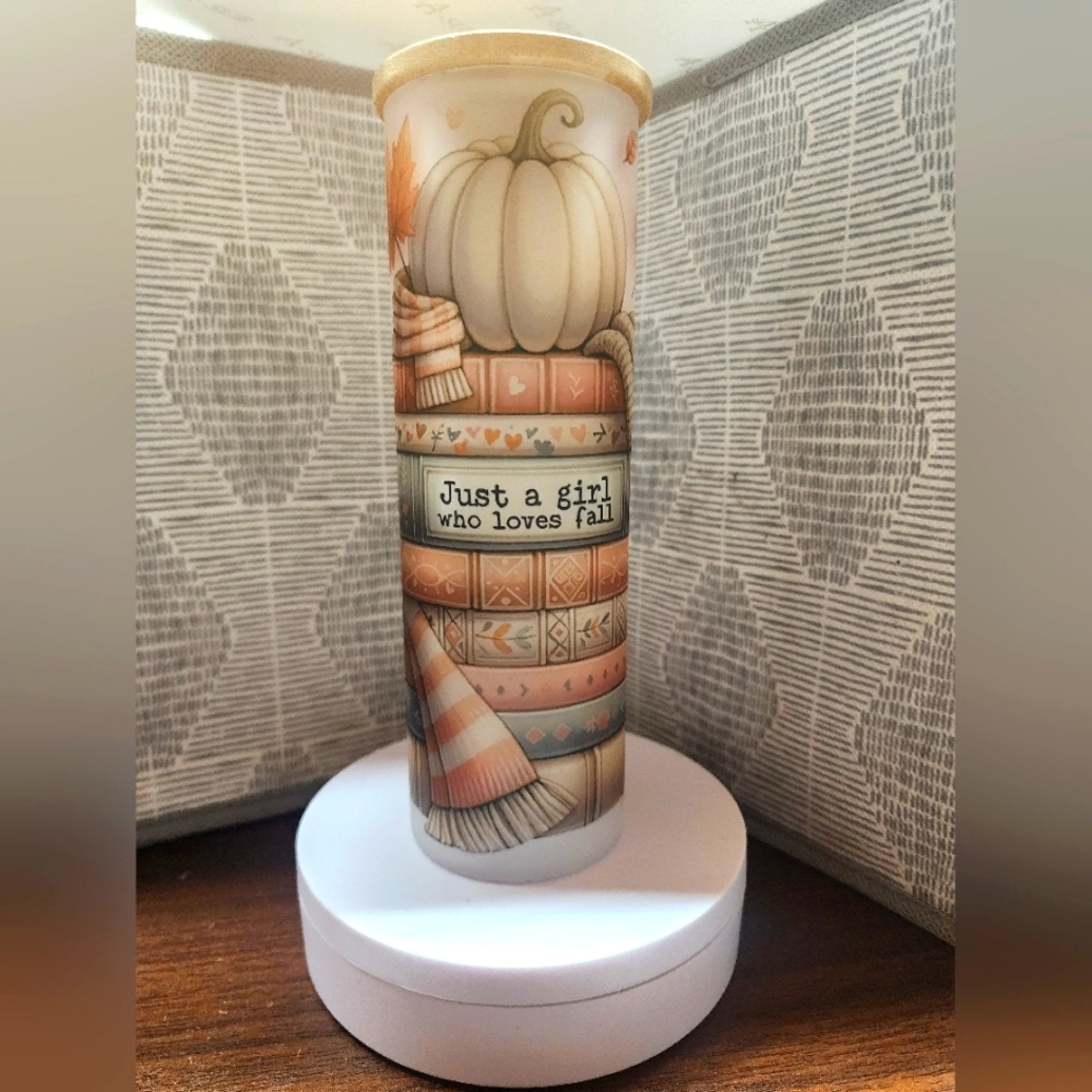 Cute Glass Skinny Tumbler 20oz. "Just a girl who loves Fall",